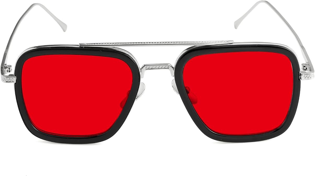 AIEYEZO Tony Stark Sunglasses Vintage Square Metal Frame Eyeglasses for Men Women - Iron Man and Edith Sun Glasses (Silver/Ocean Red)