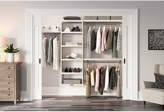 Wood Closet Organizer System with Shelves & Hanging Rods - Wall Mounted Reach-in White Finish