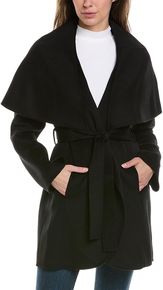 TAHARI Women's Double-faced Luxury Soft Wool Blend Peacoat Removable Belt Wool Coat Oversized Collar