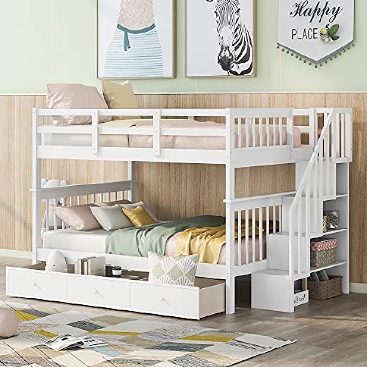 Harper & Bright Designs Full Over Full Bunk Beds with Storage Drawers and Stairs Wood Bunk Bed Frame for Kids Boys Girls Teens, White