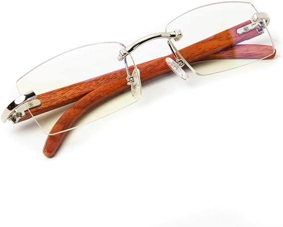 Men's Women's Rimless Vintage Small Woodgrain Rectangular 90's Retro Silver Metal Frame Hip Hop Clear Lens Glasses Trendy Square Buffs Eye Glasses