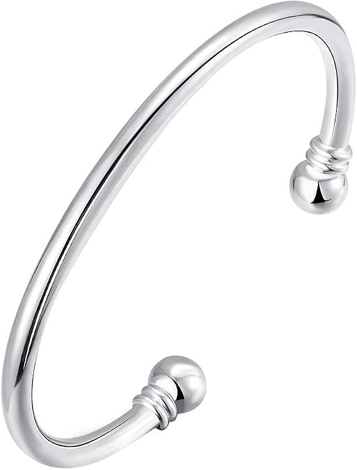 Cutesmile 925 Sterling Silver Bangle Bracelet, Fashion Simple Open Bangles Two Bead Cuff Jewelry for Men Women