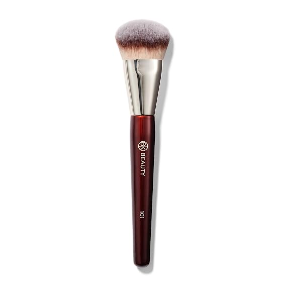 BK BEAUTY 101 Contoured Foundation Brush for Liquid & Cream Makeup | Vegan, cruelty-free synthetic fiber bristles with wood handle and aluminum ferrule. Color: Burgundy.