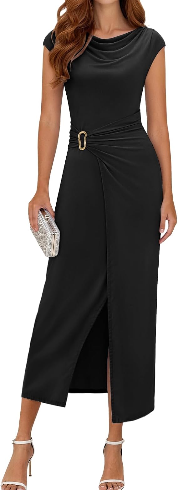 DRESSTELLS Women's Cocktail Dresses, 2026 Summer Formal Wedding Guest Church Party Cowl Neck Slit Midi Dress