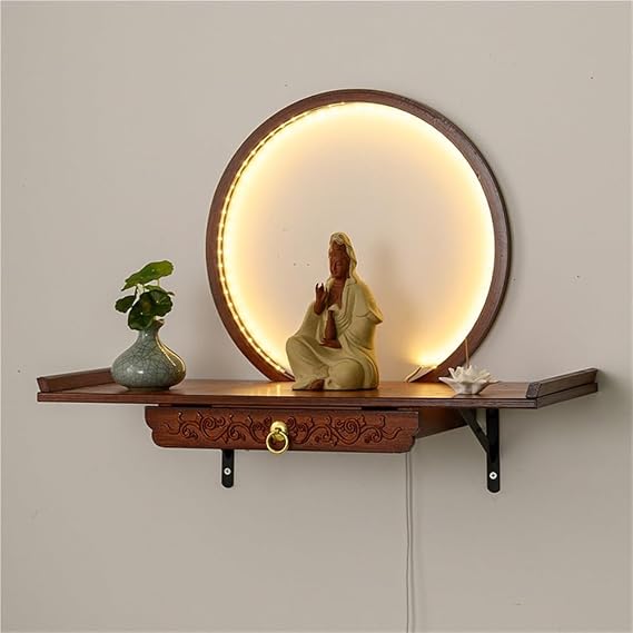 Wall Mounted Buddha Shrine Altar, Wooden Meditation Table, Chinese Pooja Stand with Drawer, Statue Display Shelves with LED Light, Prayer Table for Home Temple and Office(Brown A,23.6x10.4in)