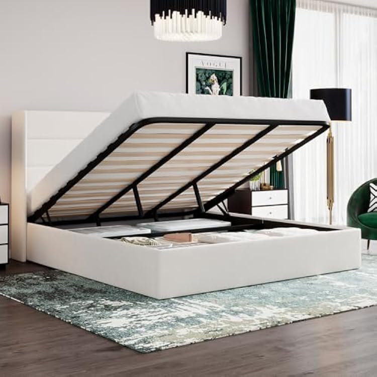 SHA CERLIN King Size Lift Up Storage BedVelvet UpholsteredModern Wingback HeadboardUpholstered Platform Bed FrameHydraulic StorageNo Box Spring NeededWhite