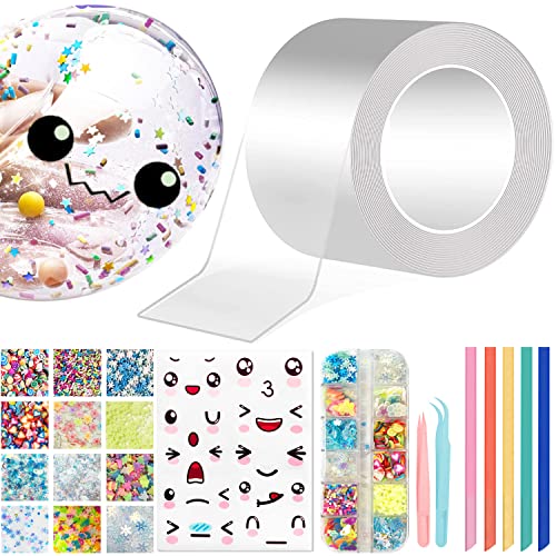 Nano Tape Super Elastic Bubble Balloons DIY Craft Kit - 5pcs Straw, 2pcs Clamps, Stickers, 12 Kinds of Glitter, Storage Box - Plastic Bubble Balloon Kit for Boys & Girls