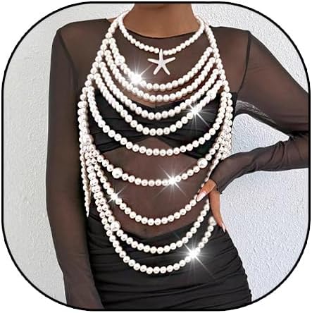 Pearl Body Chain Necklace Set Shell Starfish Choker Necklaces Layered Pearls Bra Chain Summer Beach Bikini Body Jewelry for Women (B-Starfish)