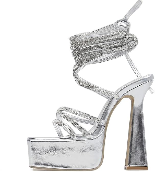 Onlymaker Women's Rhinestone Lace-Up Platform Chunky High Heel Sandals