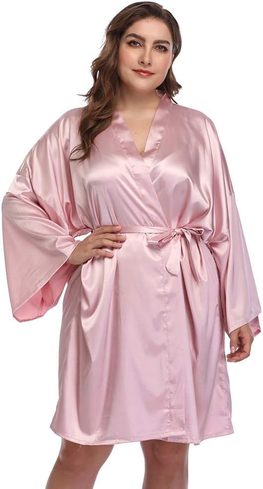 Women's Plus Size Short Satin Kimono Robes Sleepwear Bathrobes Silky Dressing Gown