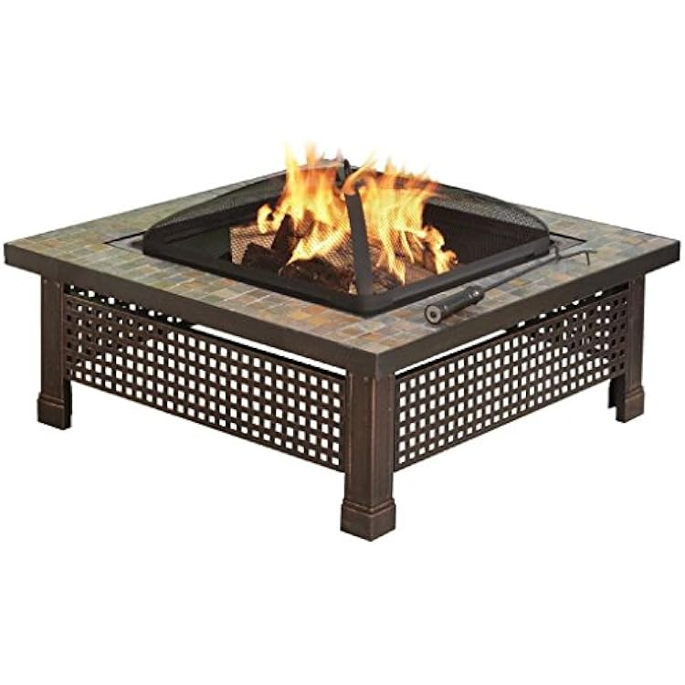 Pleasant Hearth Bradford Square Natural Slate 34-Inch Fire Pit with Copper Accents