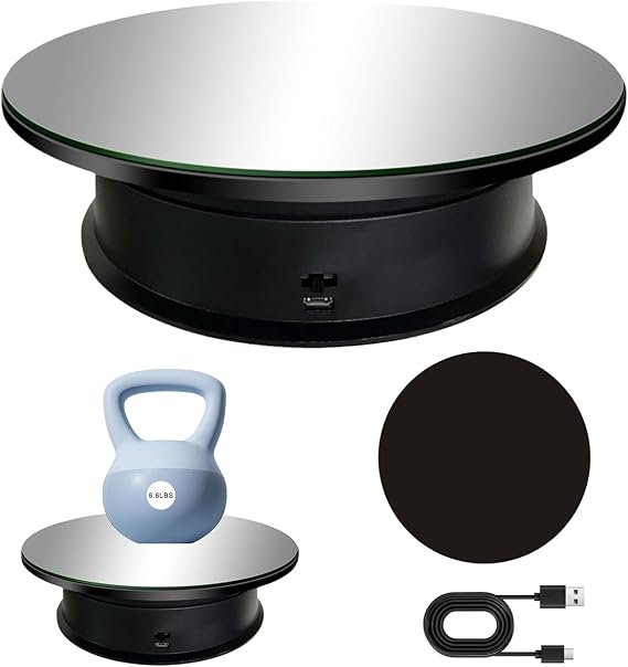 Motorized Rotating Display Stand 8 in, Adjustable Speed Revolving Turntable | Mirror Cover 360 Degree Revolving Base, with 1 Black Matte/ Glossy Background, Battery/USB Power Supply(6.6lbs Load)