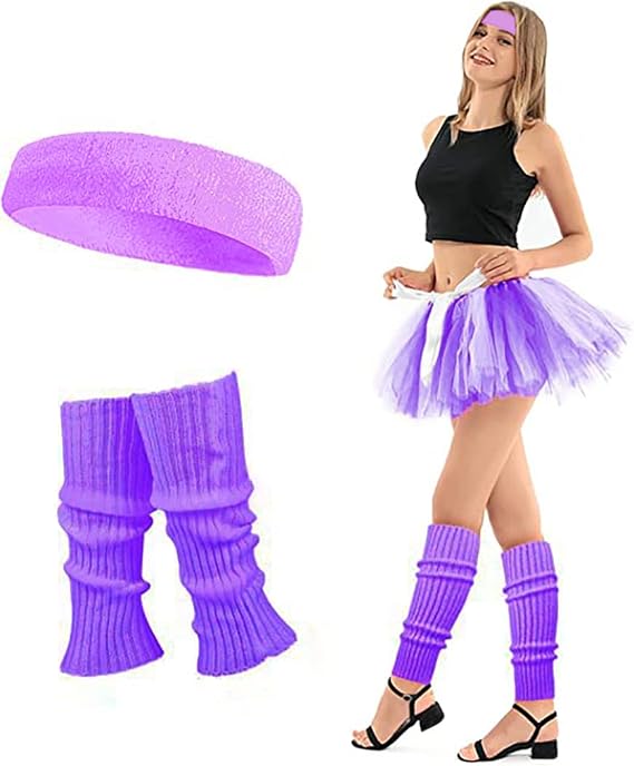 Women 80s Neon Leg Warmers Set Fitness Headband for Yoga Sport Ballet...