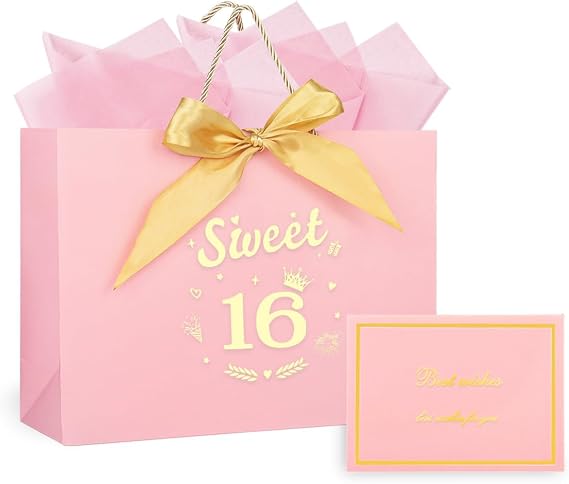 11" Sweet 16 Birthday Gift Bag for Girls, 16 Year Old Gift Bag with Tissue Paper and Card