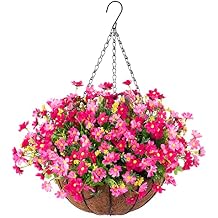 Ammyoo Artificial Hanging Flowers in Basket for Patio Garden Porch Deck Spring Summer Decoration, Artificial Daisy Arrangement,Fake Plants in 12 inch Coconut Lining Basket for Outdoor/Indoor(Pink)