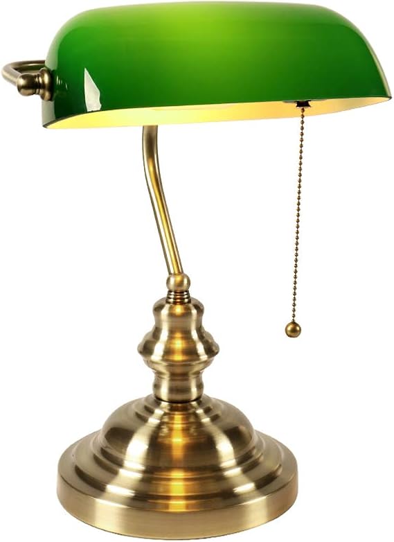 Glass Bankers Desk Lamp with Pull Chain Switch Plug in Fixture (Green)