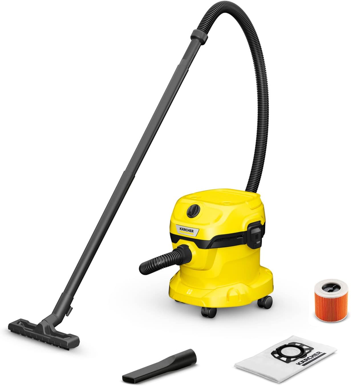 KÄRCHER Wet and Dry Vacuum Cleaner WD 2 Plus, blowing function, power: 1000w, incl. cartridge filter, floor and crevice nozzle, Yellow, plastic container: 12 l, suction hose: 1.8 m