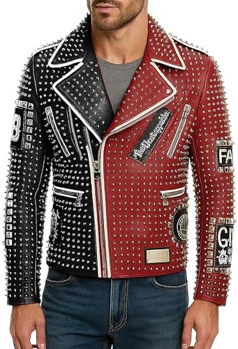 Mens Brando Spikes Studded Motorbike Steam Punk Rock Multicolor Biker Leather Jacket