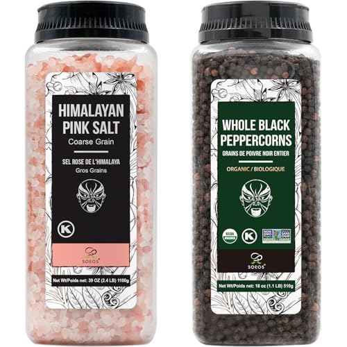 Soeos Himalayan Pink Salt Coarse 39 oz  Organic Black Peppercorns 18 oz, Salt for Grinder Refill, Salt and Peppercorns, Pepper Grinder Refill, Non-GMO Spice Seasoning Set For Cooking