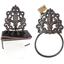 LuLu Decor, Set of Cast Iron Fleur De Lis Toilet Tissue Holder & Towel Holder, Designed with Flat Surface that can Comfortably Hold Important belongings Like Cell Phone, Wallets, Keys etc(Set)