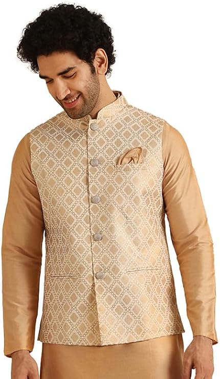 KISAH Men's Nehru Jacket, Off White Cotton, Foil Print Regular Fit Mandarin Collar Sleeveless