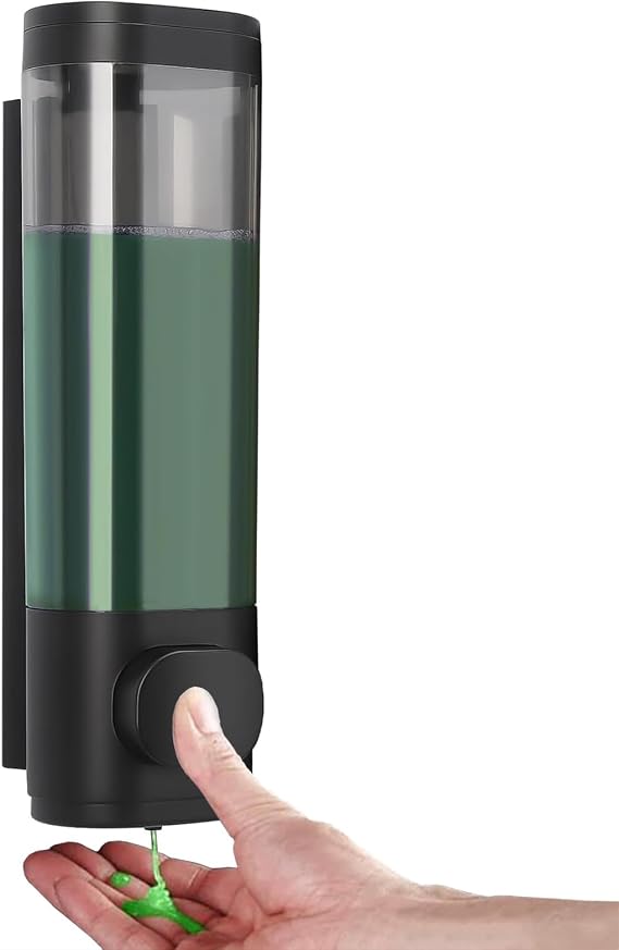 300ml Wall Mounted Soap Dispenser, Shower Gel Dispenser Wall Mounted | Black Button, Handwash Shampoo and Conditioner Container No-Drill Soap Dispenser for Bathroom Kitchen Home Hotel Office