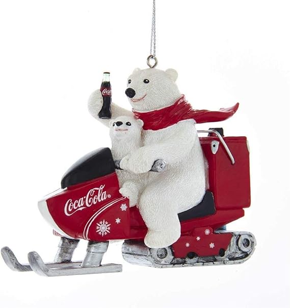 Kurt Adler Coca-Cola Polar Bear With Cub Riding Snow Mobile Ornament for Christmas