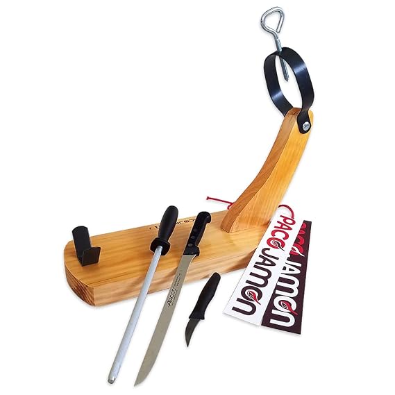 Jamonero de Madera Modelo Gondola para Jamones Espanoles + Cuchillo Jamonero Flexible Profesional ARCOS + Cuchillo Mondador ARCOS + Chaira Profesional ARCOS