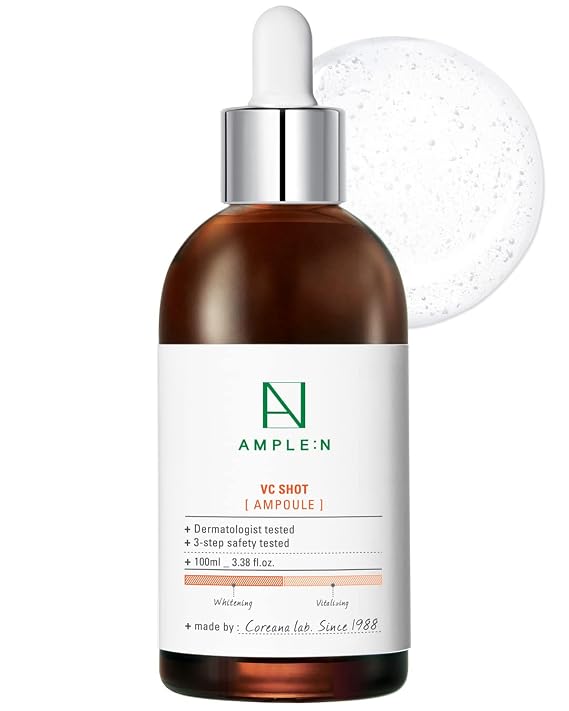 AMPLE:N VC Shot Serum - Korean Anti-Aging Face Serum with Vitamin C Evens Pigmentation and Aging Spots - Vitamin C to Clear Skin of Sun Damage and Reduce Wrinkles, 3.38 fl.oz. | Stabilized Vitamin C with Niacinamide, Sea Buckthorn & gentle AHA. Visible crystals for a radiant, even-looking glow. 100ml