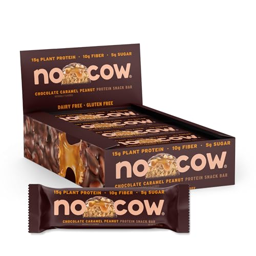 No Cow Vegan Protein Bars with Low Sugar & High Protein, 15g Plant Based Protein & 10g Fiber Snacks for On-the-Go Nutrition & Post-Workout, Gluten-Free, Dairy-FreeChocolate Caramel Peanut, 12 Count