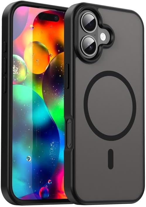 URUCHI Güçlü Manyetik Telefon Kılıfı, [Mag-Safe ile Uyumlu] [Askeri Düzey Düşme Koruması] [Güçlü Silikon Kenarlar] İnce Yarı Saydam Mat Koruyucu Kılıf (Siyah, iPhone 17)