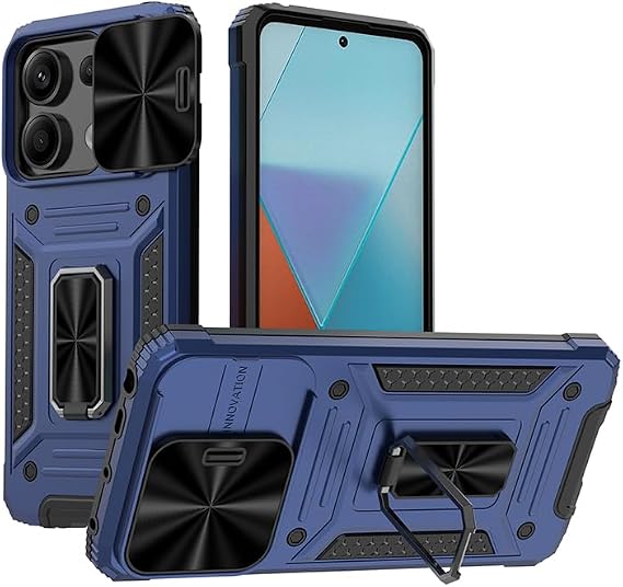 ケース Xiaomi Poco X6/Xiaomi Redmi Note 13 Pro 5G対応 カーホルダー スライディングウィンドウ 携帯電話ケース 耐衝撃 保護カバー ミリタリーケース ブルー