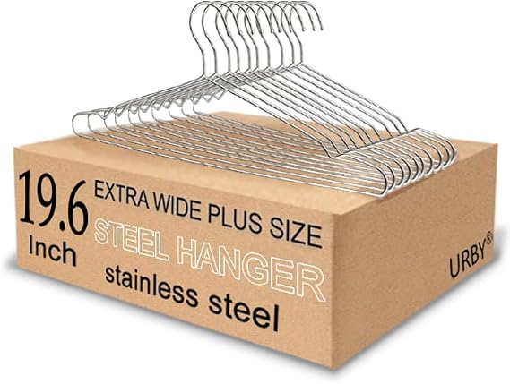 Urby Extra Wide Hangers for Plus Size Clothes, 19.6 Inch, Steel, 10pk | Stainless Steel, Silver, Sturdy & Durable, Ideal for Oversized XL & XXL Shirts, Coats & Dresses