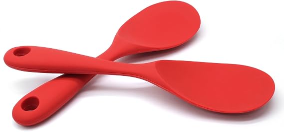 Vonty 2-Piece Silicone Heat-Resistant Rice Paddle Spoon, 8.8 Inch, Red | Food-Grade Silicone, BPA Free, Heat Resistant Up To 446F, Hanging Hole For Storage, Effortless Serving, Easy To Clean