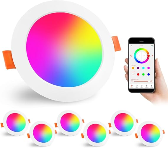 Lighting master LED Downlights for Ceiling 4inch 12W Compatible with Alexa | 1200LM，cutout100-110mm，Smart RGB Colour Changing Ceiling Spotlights APP Control，Recessed Lights 2700K-6000K Adjustable，6 Pack [Energy Class E]