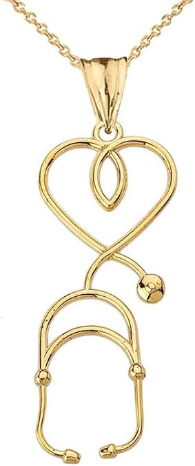 Fine 14k Yellow Gold Heart-Shaped Stethoscope Pendant Necklace