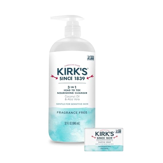 Kirk's Fragrance Free 3-in-1 Nourishing Cleanser and Travel Bar Soap, Shampoo Body Wash Bubble Bath, Coconut Oil and Aloe Vera, Vegan Non-GMO, 32 Fl Oz