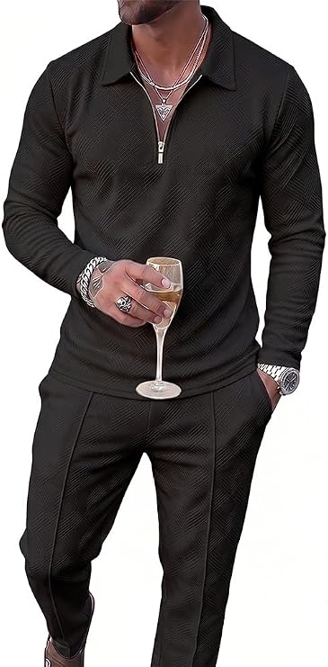 Mens 2 Piece Sets Tracksuit Outfits Long Sleeve Polo Sweatsuits