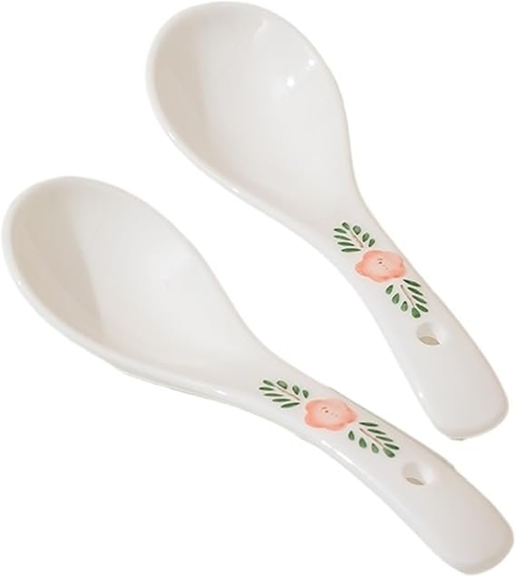 Tablespoons White Ceramic Spoon with Printed Elegant Porcelain Egg Shaped Spoon Set of 2 Porcelain Soup Spoon for Soup, Dumpling, Wonton, Cereal Serving Spoon (One Color S)