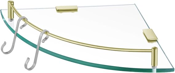 KES Glass Corner Shelf Bathroom Shelf Tempered Glass with Rail SUS 304 Stainless Steel Floating Wall Mount Bracket Brushed Gold, BGS2101A-BZ
