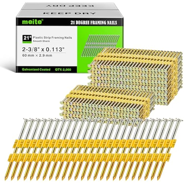 meite 21 Degree Framing Nails 2-38 Inch, Full Round Head Galvanized Nails, Smooth Shank Plastic Collated Framing Nails for Framing Nailer Gun 2,000 Counts