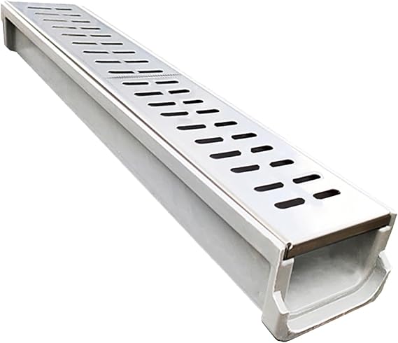 Trench Drain 1 Piece U-Drain with Stainless Steel Plate, Sewer Pipe/Cover for Patio Deck Concrete Floor, Kitchen Shower Yard Trench Drainage System(25 x 20cm (9 7/8" x 7 7/8"))
