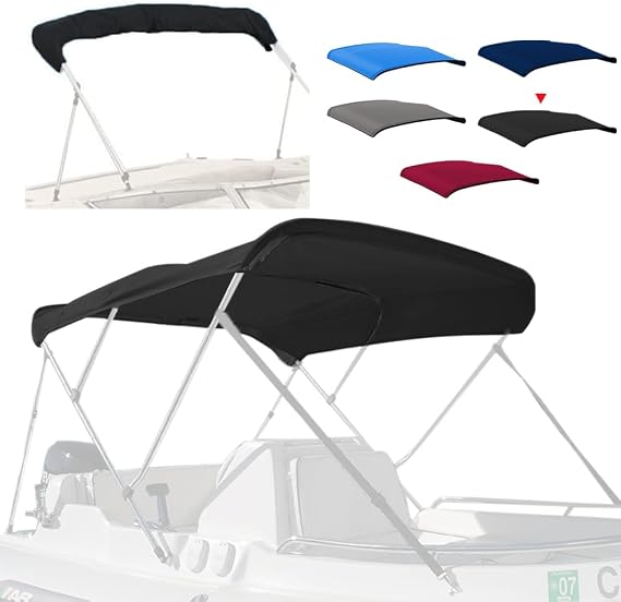 3 Bow Fade and Crack Resistant Bimini Top Replacement Cover,600D Marine Grade Polyester Waterproof Sun Shade Boat Canopy,Easy Install Zipper Sleeves Boat Awning,Black 6'L 54"-60" W