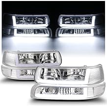 M-AUTO Set of 4 Headlights Assembly w/LED DRL Strip Compatible with 99 00 01 02 Chevy Silverado 1500HD 2500HD 3500HD, 00-06 Suburban 1500 2500 Tahoe