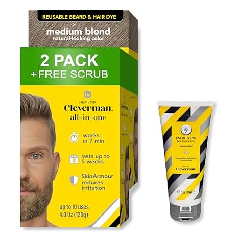 Cleverman 2 Pack Reusable Hair & Beard Dye for Men Medium Blond + 1 Free Energizing Face & Beard Scrub