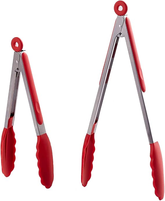 Kitchen Tongs Set of 2 9 inch & 12 inch Stainless Steel Food Tongs with Silicone Tips Premium Locking Non-stick Tongs for Cooking, BBQ, Grilling, Salad - Heavy Duty, BPA Free(Red)