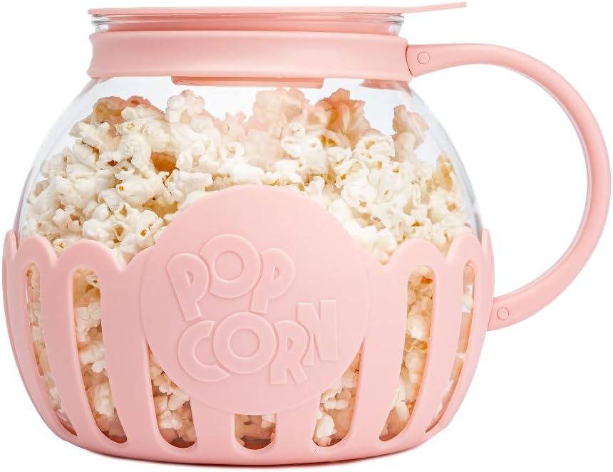 Microwave Popcorn Maker, 3.3-Quart Glass Bowl, Dishwasher Safe, Pink