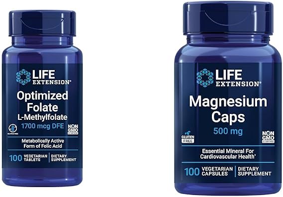 Life Extension Brain & Heart Health Folate and Magnesium Supplement Bundle, 100 Tablets and 100 Capsules