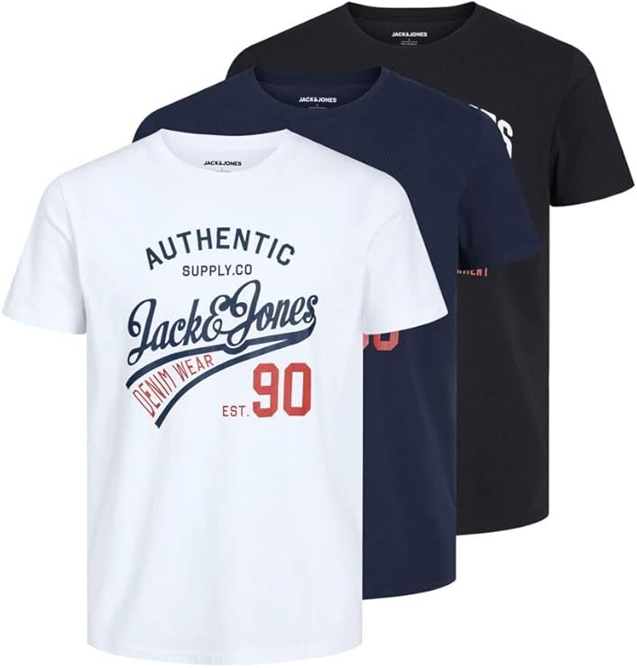 JACK & JONES Mens Logo 3 Pack T-Shirt Short Sleeve Cotton