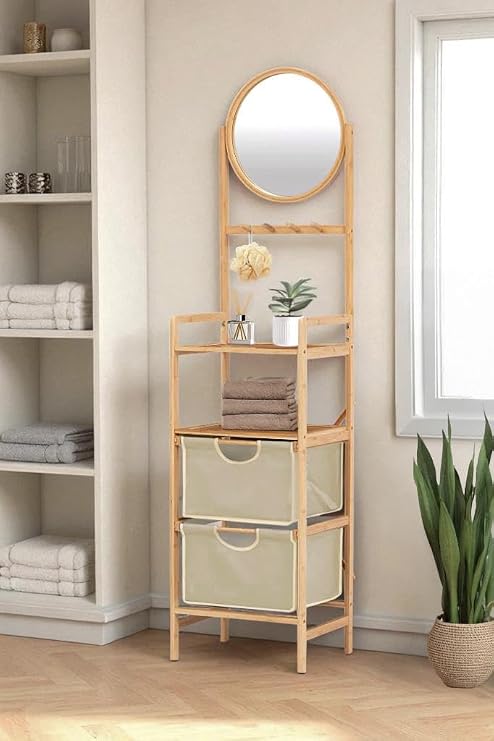 Digithome Bamboo Mirror 2 Drawer Bathroom Organizer 2 Shelves Dresser Makeup Organizer DB-0035